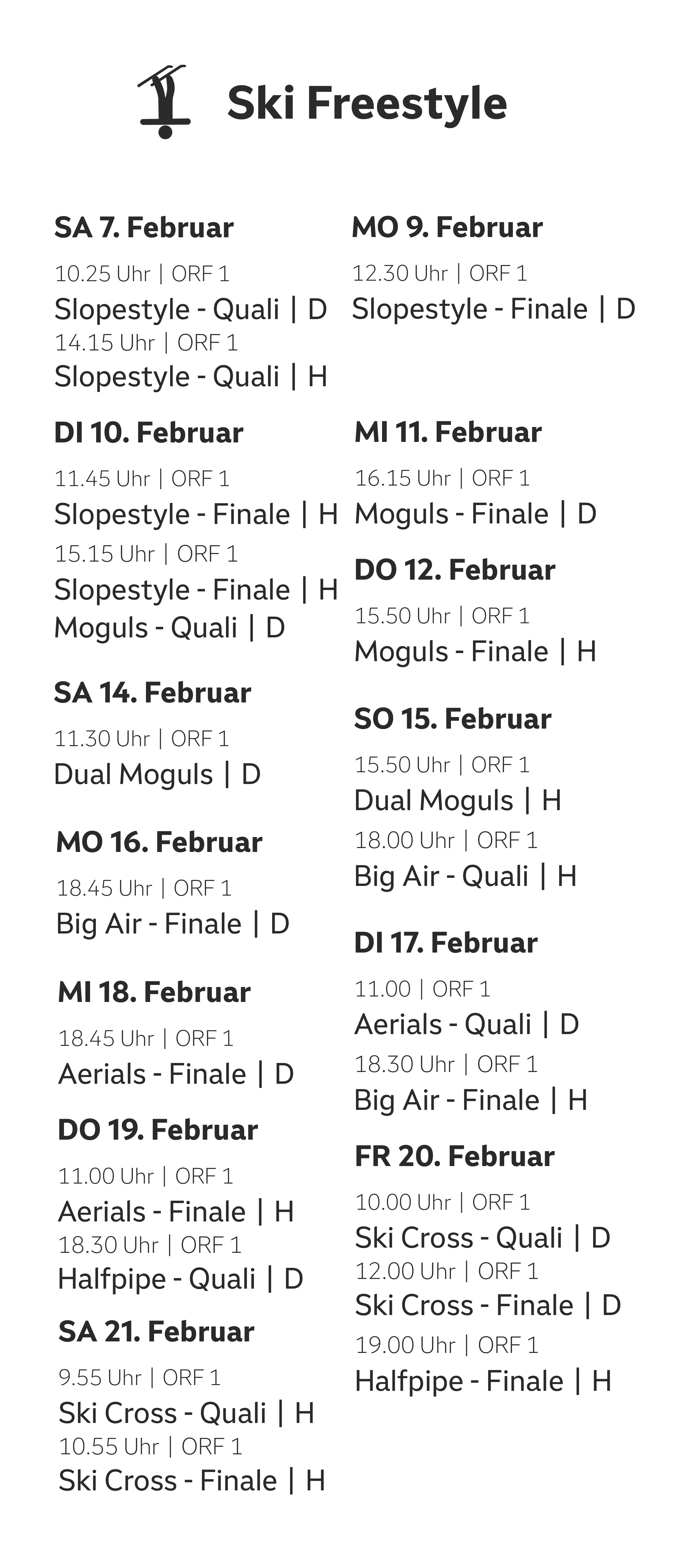 Übersicht der Termine zur Disziplin Ski Freestyle