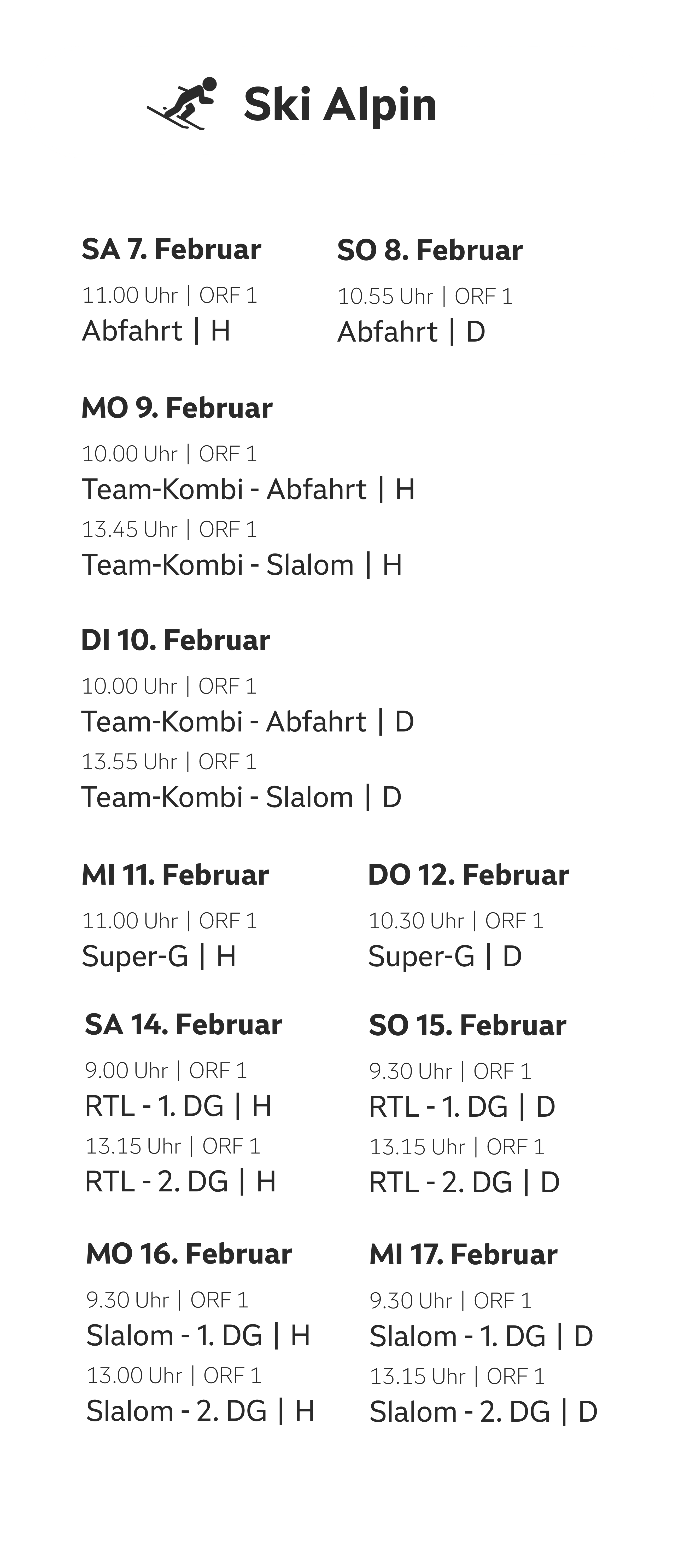 Übersicht der Termine zur Disziplin Ski Alpin