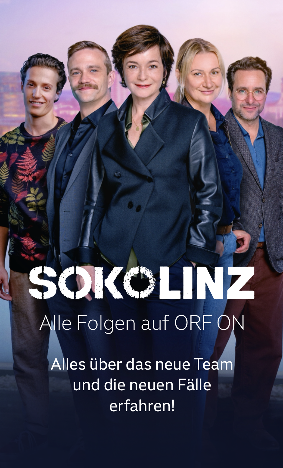 Zwei Frauen und drei Männer stehen in einer Reihe vor einer Stadtansicht von Linz mit dem Schriftzug 'Soko Linz'